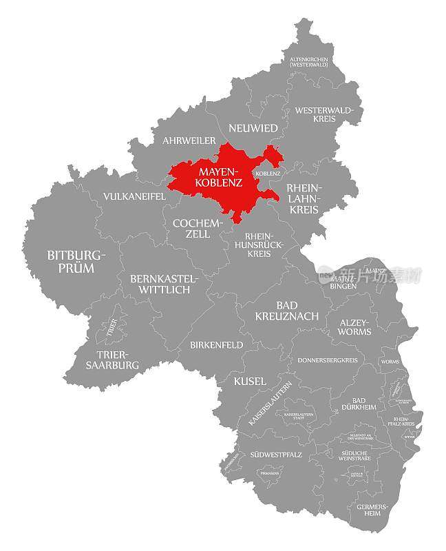 Mayen Koblenz在莱茵兰-普法尔茨地图上的红色高亮显示